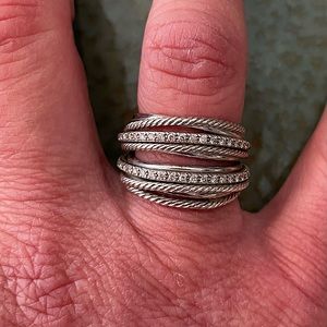 💯 Authentic David Yurman Crossover Ring in Sterling Silver with Pavé Diamonds